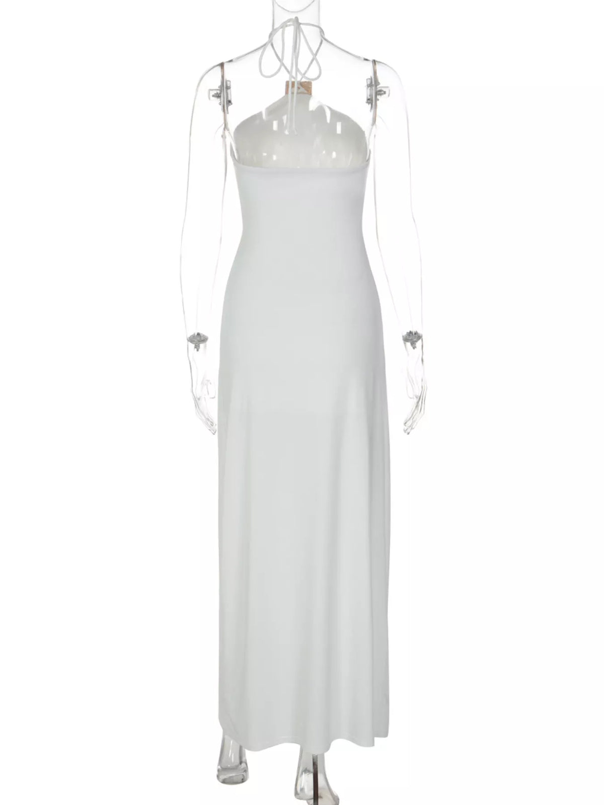 Plush Fashion Hub backless halter neck maxi dress with ruched design, elegant and flowing for formal occasions.