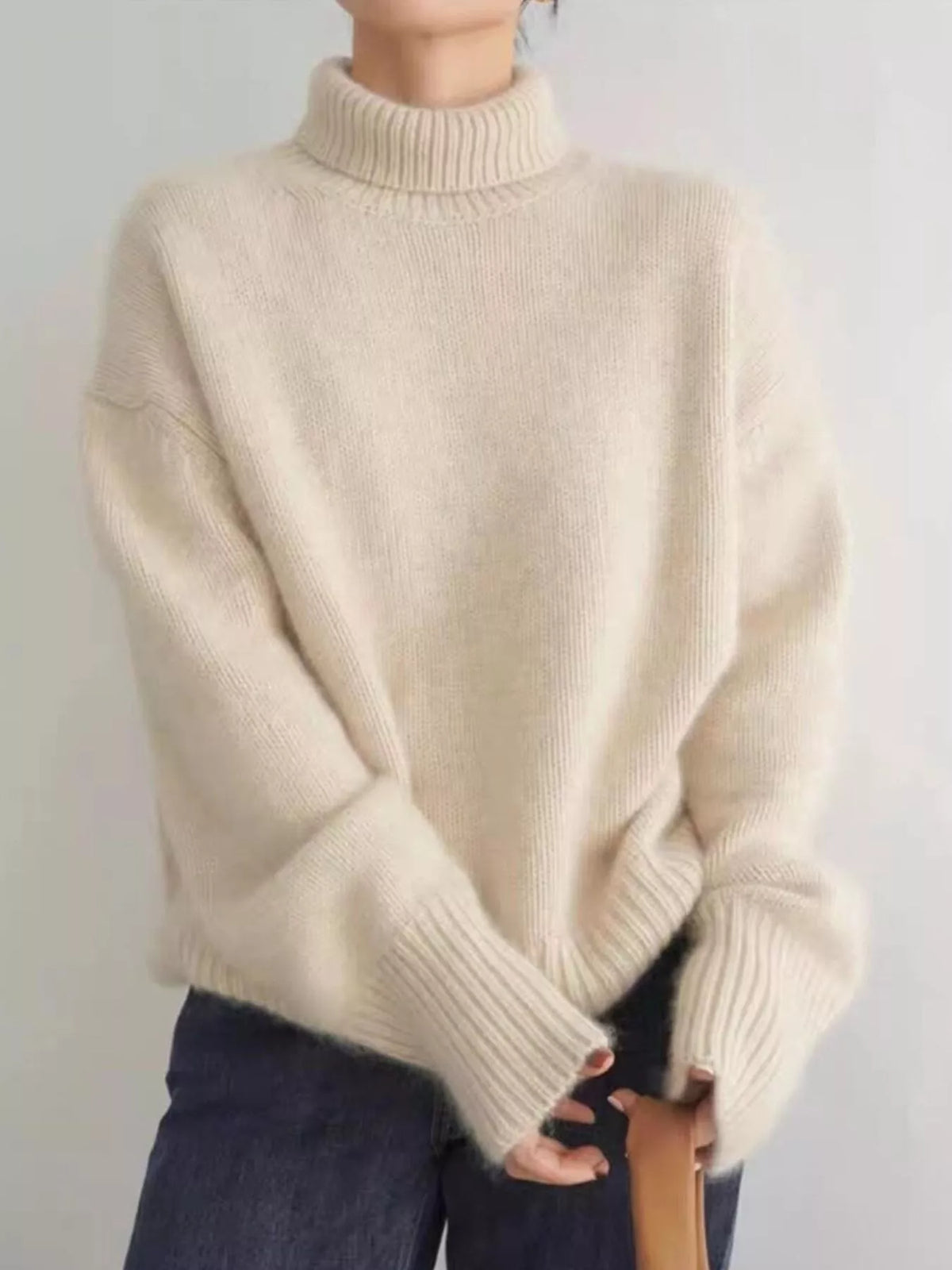 Simply Love turtleneck dropped shoulder sweater in a cozy knit, featuring a high neckline and relaxed fit.
