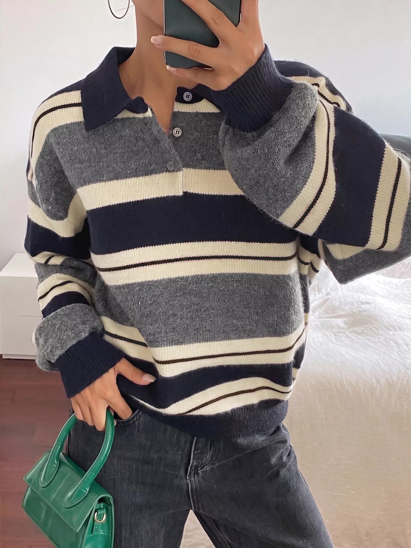 Striped long sleeve sweater with button details from Plush Fashion Hub, featuring a cozy knitted design and ribbed cuffs.