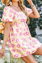 Floral square neck puff sleeve cotton midi dress with pleated flared skirt from Plush Fashion Hub, stylish and feminine.