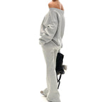 Shoulder Cut-Out Crop Top with Long Sleeve Matched with Flared Leg Wide-Leg Sweatpants