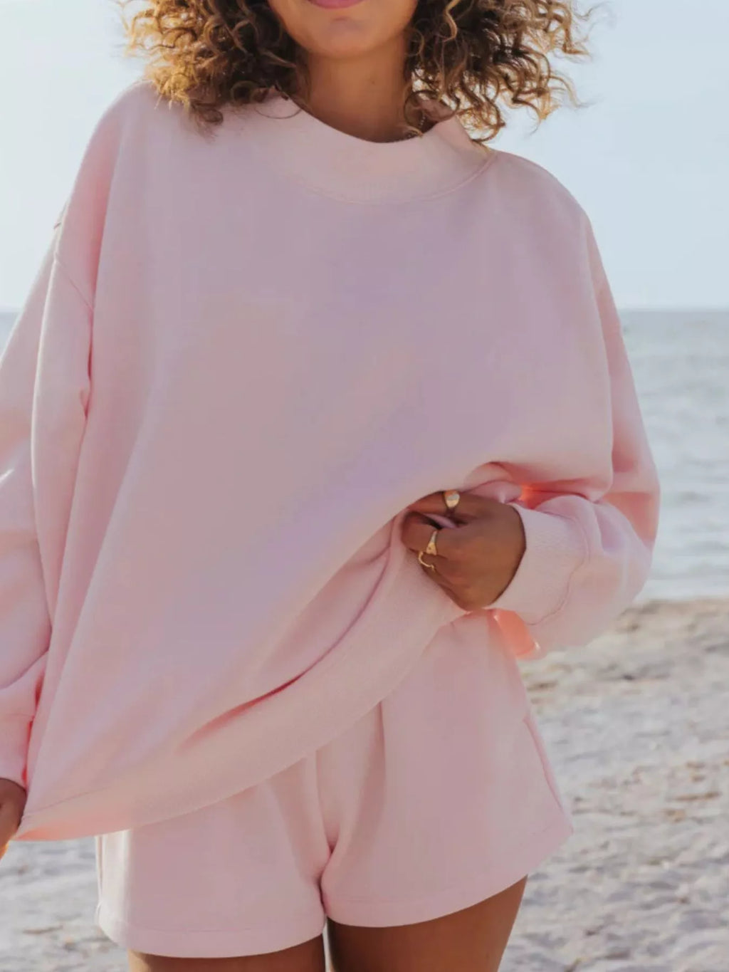 Plush Fashion Hub relaxed fit round neck sweatshirt and matching shorts set, casual loungewear in soft fabric.