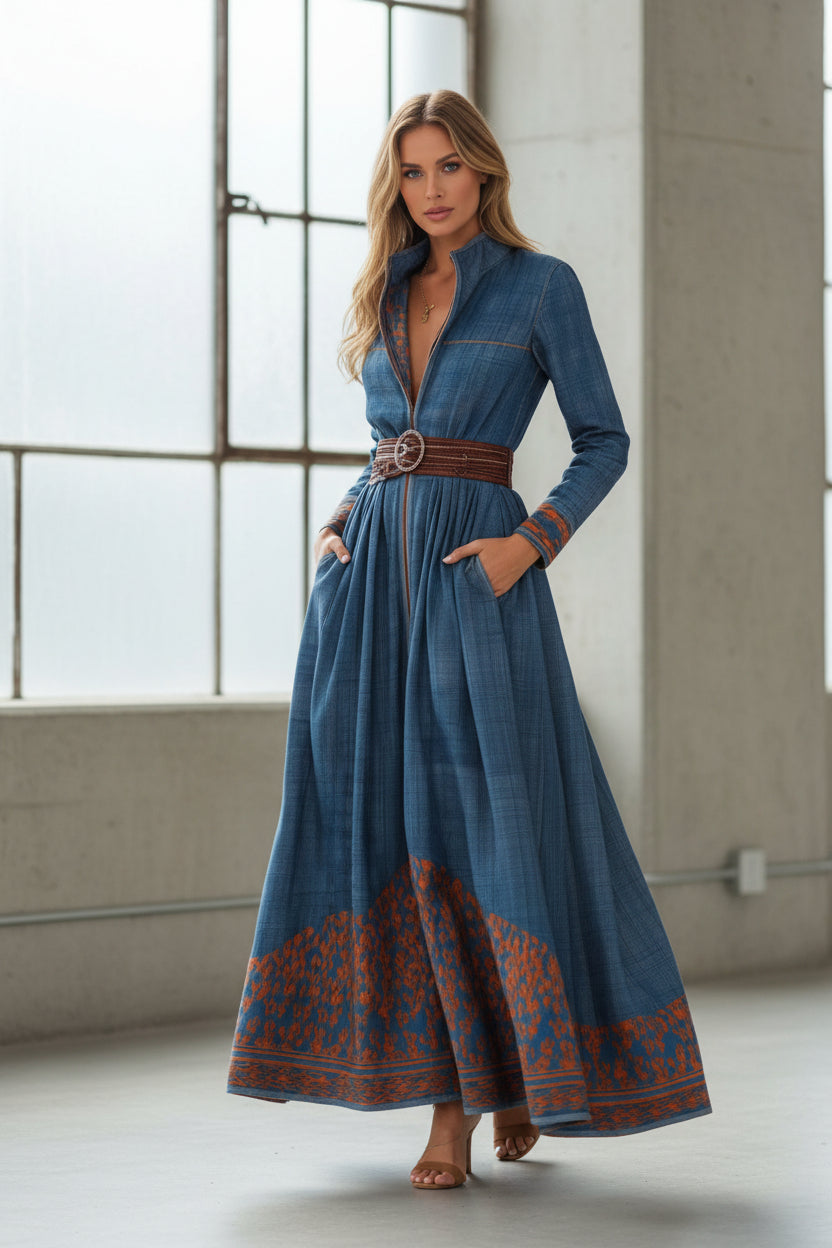 Color-blocked floral patterned stand collar long dress by FitiqueFit, casualwear with vibrant colors and a stylish stand collar.