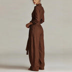 Women's casual long sleeve collar top and high-waist pants two-piece set in five colors by Plush Fashion Hub.
