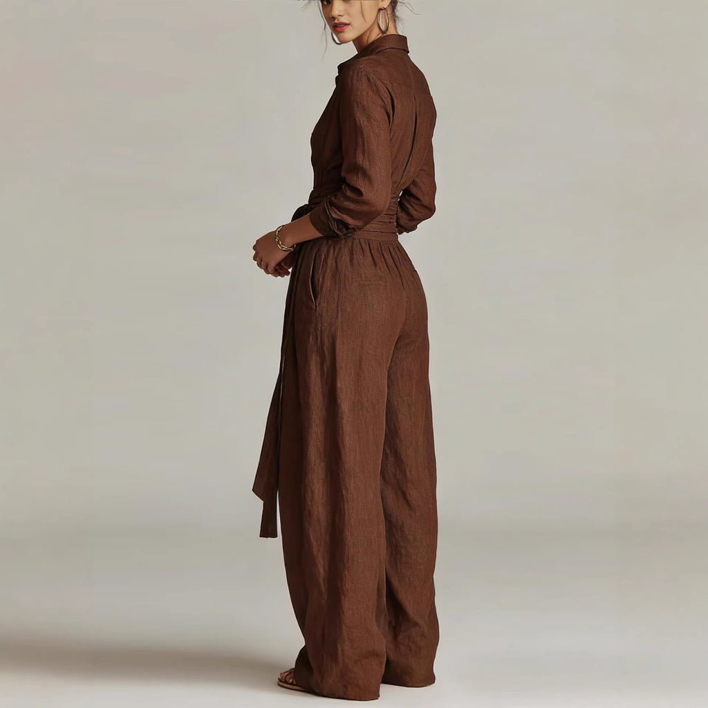 Solid color collar top high waisted pants two-piece set