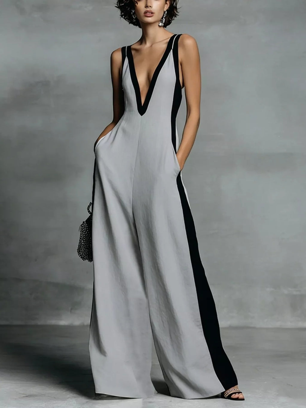Deep V-neck wide-leg jumpsuit by Trendsi, stylish onesie with flowing fabric and sleek design, shown on a model.