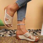 Women's rhinestone open toe wedge sandals by Trendsi with comfortable mid-heel and sparkling details, perfect for summer wear.