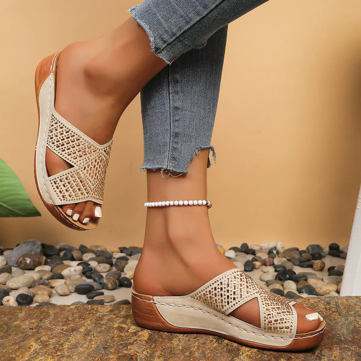 Women's rhinestone open toe wedge sandals by Trendsi with comfortable mid-heel and sparkling details, perfect for summer wear.