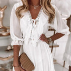 Women’s V-neck spliced chiffon casual dress by FitiqueFit, featuring a loose fit and stylish design, perfect for everyday wear.