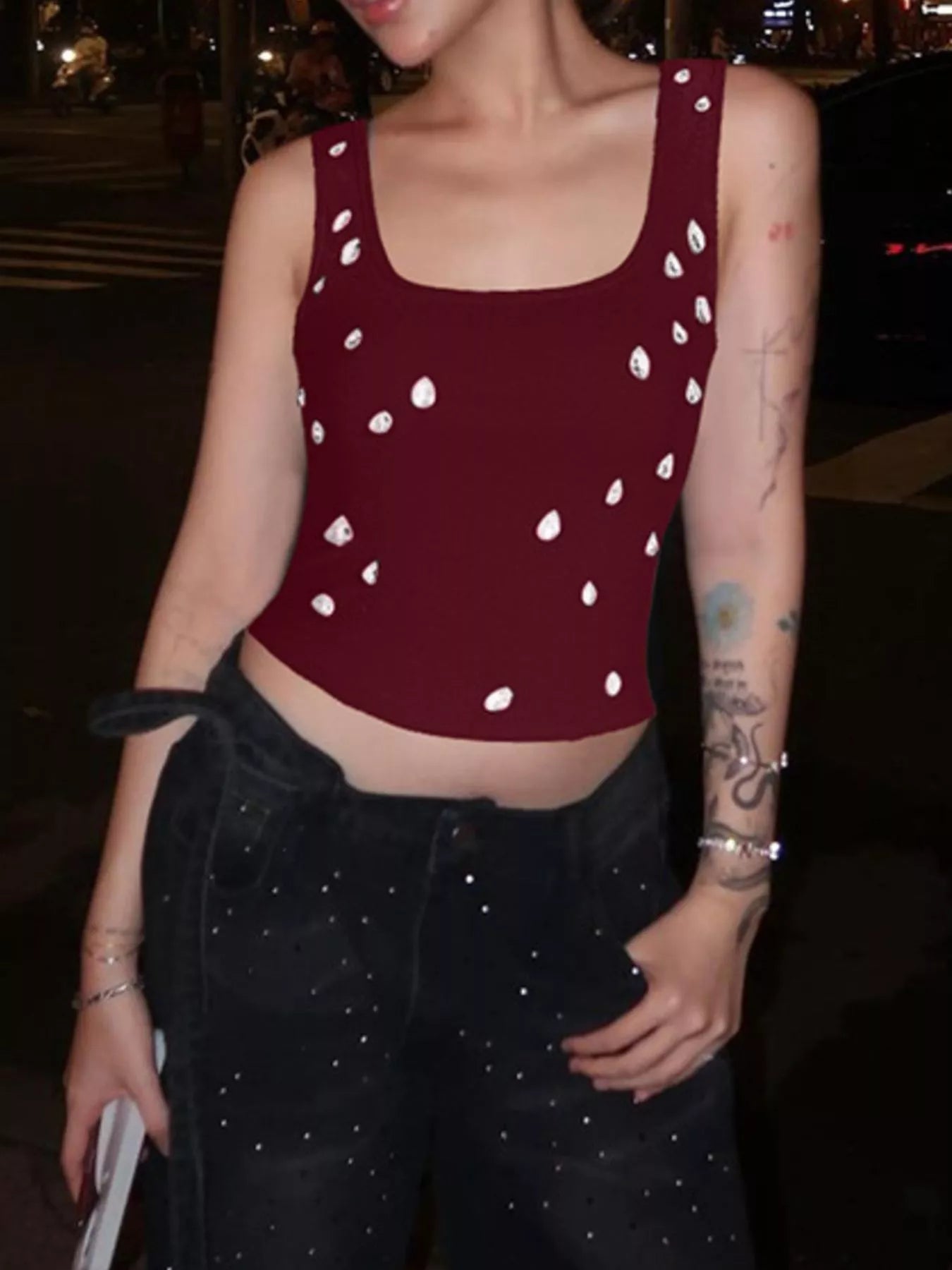 Bead-embellished square neck tank top by Shopimist, featuring a stylish design with intricate bead detailing on the fabric.