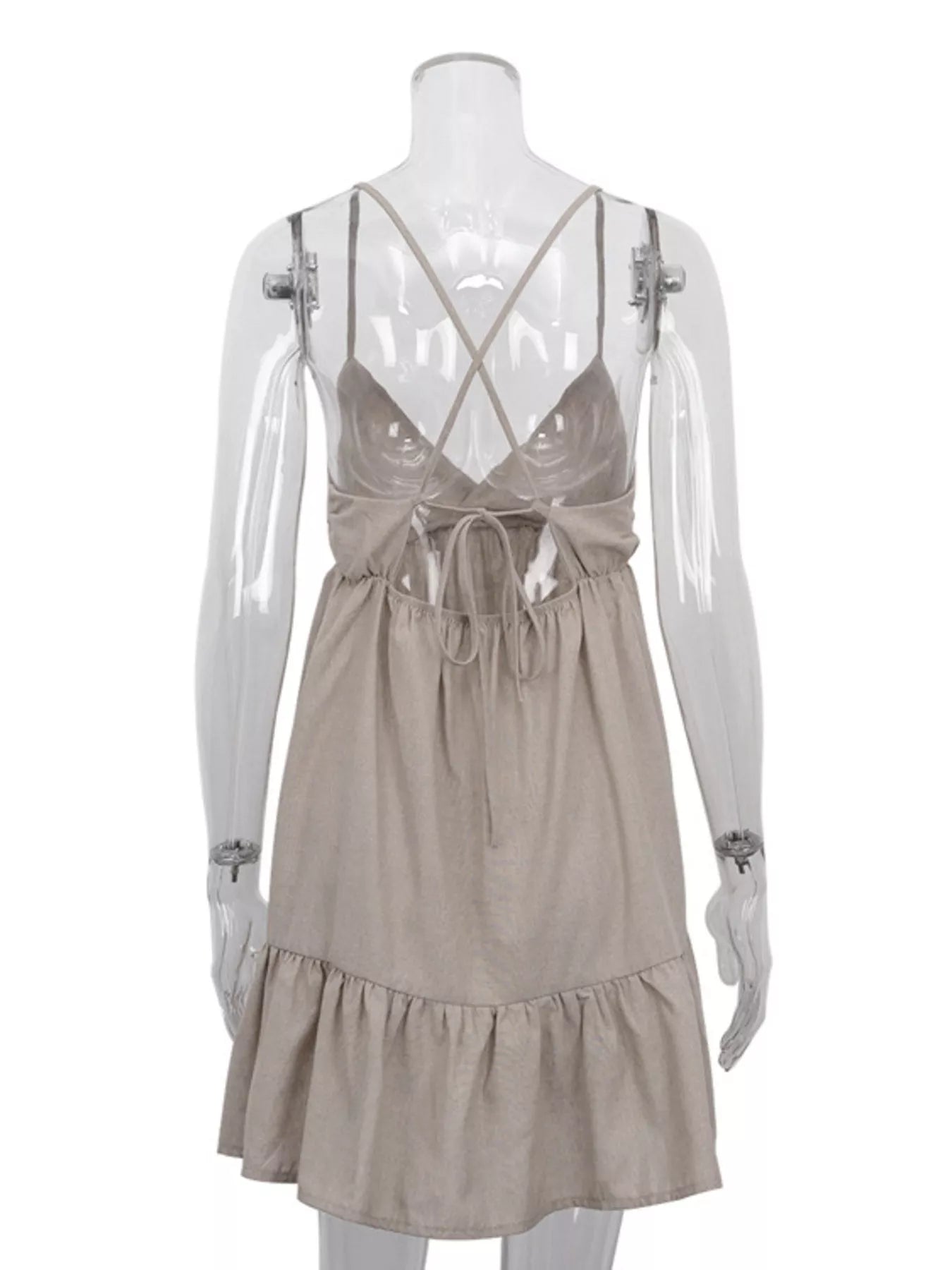 Backless spaghetti strap mini dress by Shopimist, showing a stylish, fitted dress with thin straps and a backless design.