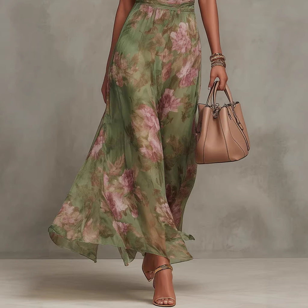 Green graffiti print mesh maxi dress by FitiqueFit with high waist, irregular slit, and suspender straps, streetwear style.