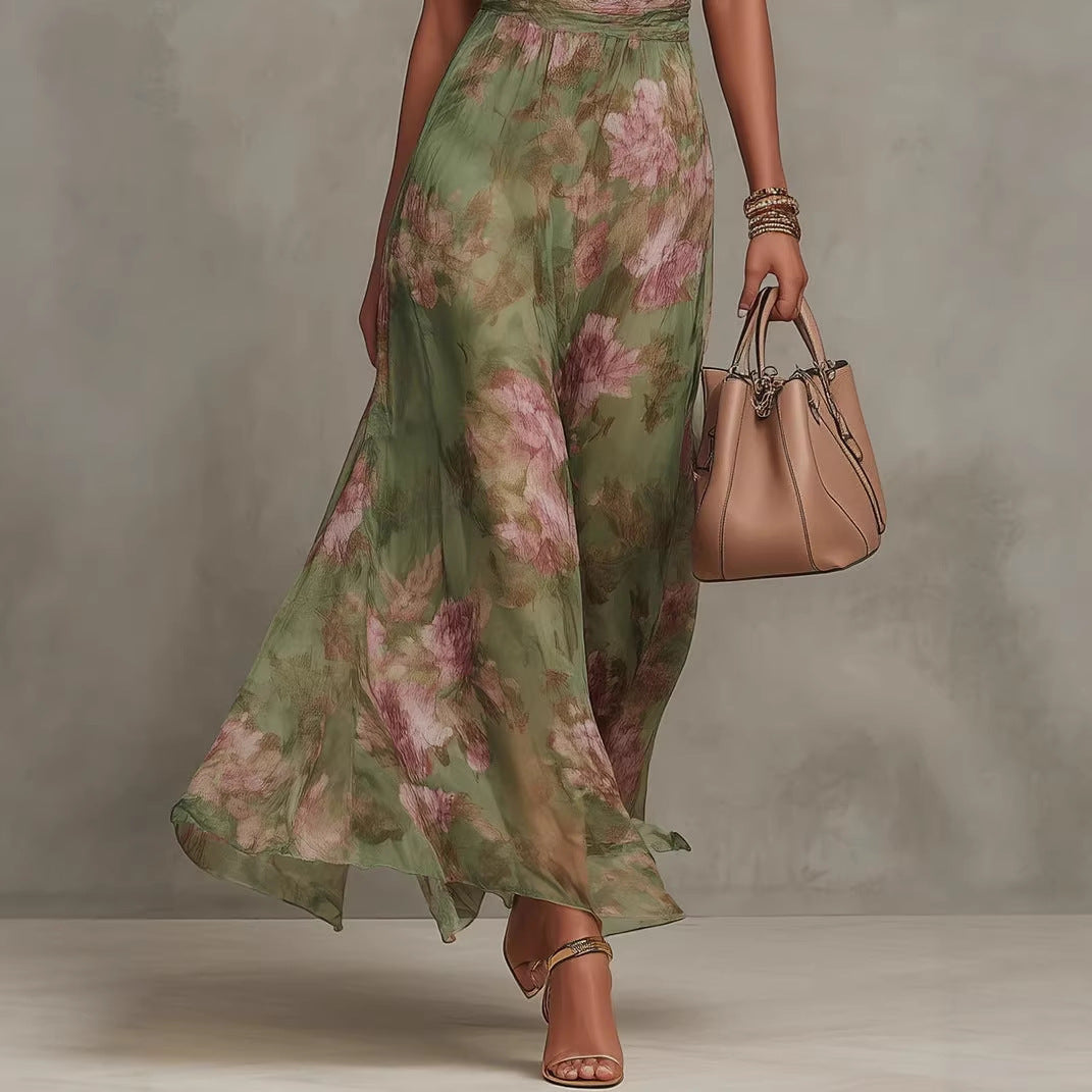 Green graffiti print mesh maxi dress by FitiqueFit with high waist, irregular slit, and suspender straps, streetwear style.