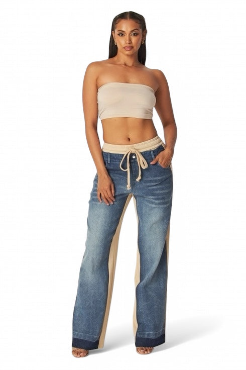 April straight leg denim jean sweatpants by The House of Stylez, showing relaxed fit and classic denim texture.