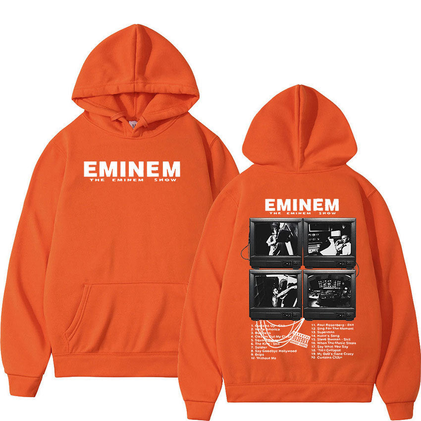 Unisex Eminem World Tour hoodie by eprolo featuring bold graphic print, comfortable sweatshirt with front pocket and hood.