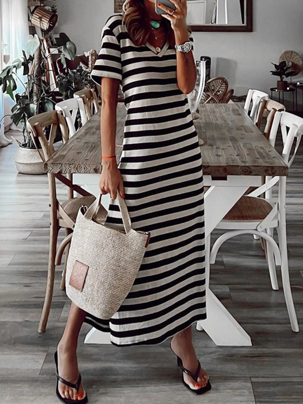 Full size striped V-neck midi dress with side slit by Trendsi, featuring a stylish design and comfortable fit in plus size.