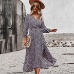 Plush Fashion Hub autumn and winter floral dress with chest wrap, tie large swing skirt, suitable for leisure and holiday wear.
