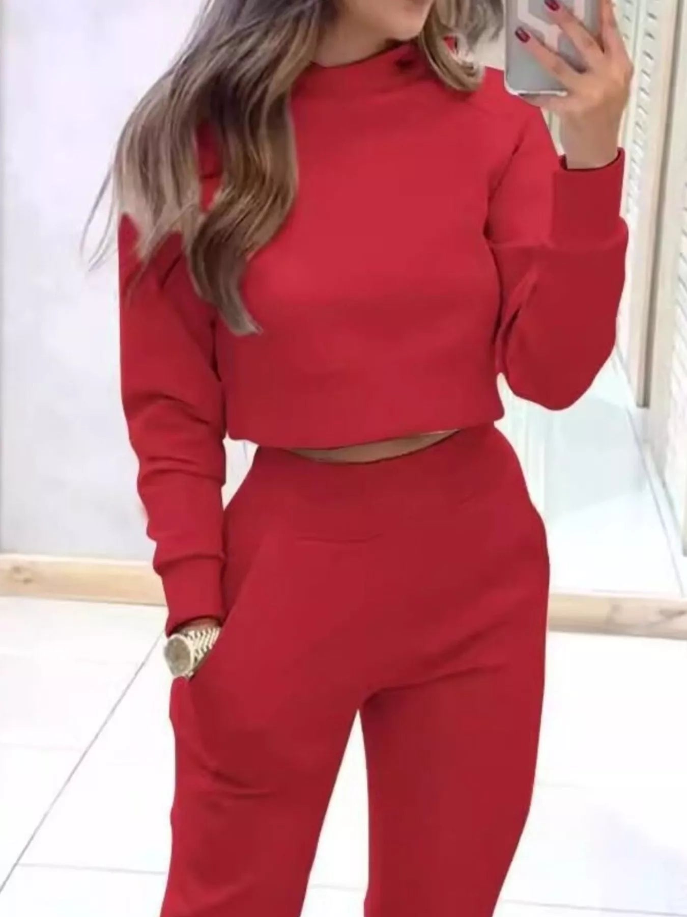 Simply Love casual chic cropped sweatshirt and jogger set, featuring comfortable fabric and stylish fit for everyday wear.