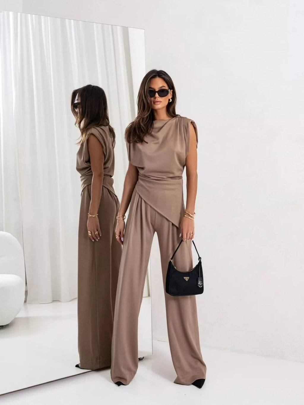 Satin cowl neck top and matching pants set by Shopimist, featuring a smooth, shiny fabric and relaxed fit.