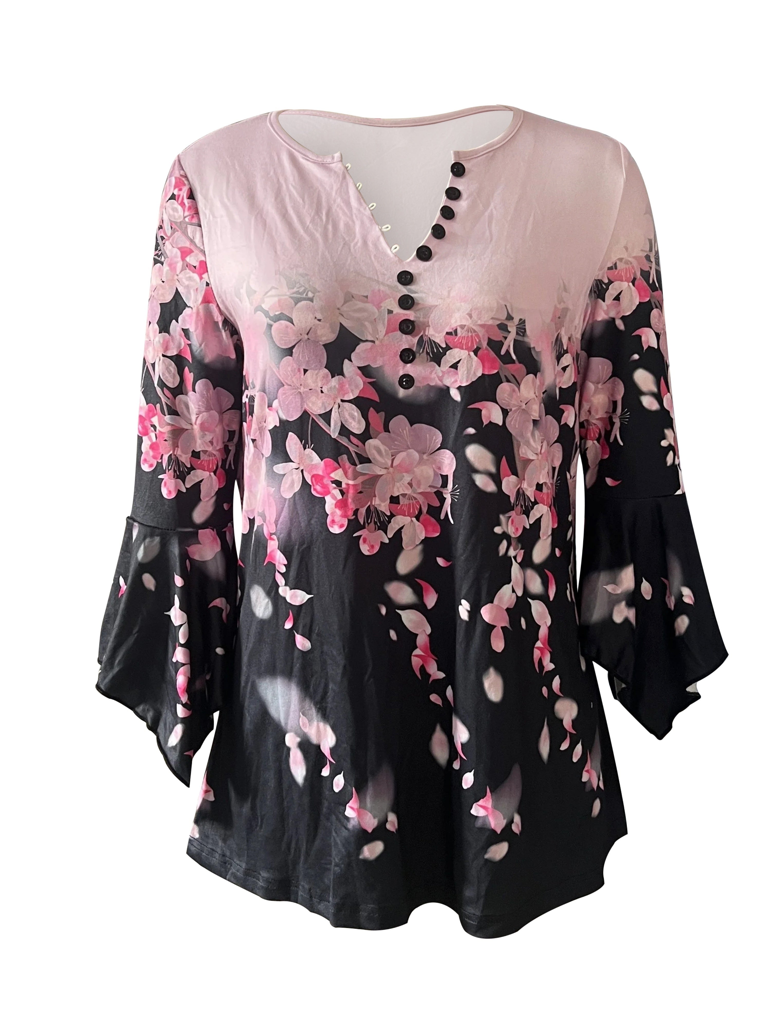 FitiqueFit asymmetrical spike button 3/4 sleeve casual T-shirt with chic design, featuring unique button details and a relaxed fit.