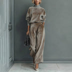 Plush Fashion Hub casual warm velour long-sleeved high-neck zipper sportswear with wide-leg pants in solid color, shown on a model.