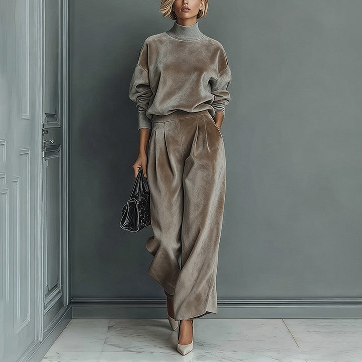 Plush Fashion Hub casual warm velour long-sleeved high-neck zipper sportswear with wide-leg pants in solid color, shown on a model.