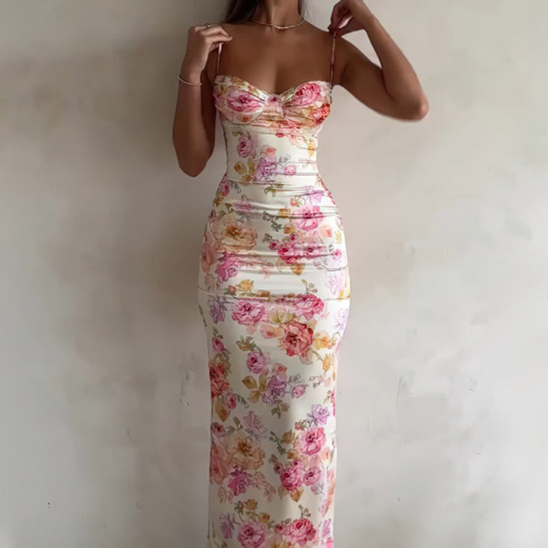 Women’s floral bodycon maxi dress by FitiqueFit featuring spaghetti straps, perfect for summer and vacation casualwear.