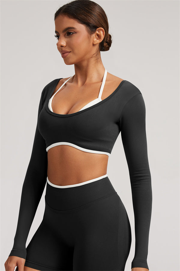 Fitglutes Activewear long sleeve crop top and leggings 2-piece set, suitable for gym and workout, in stylish athletic fabric.