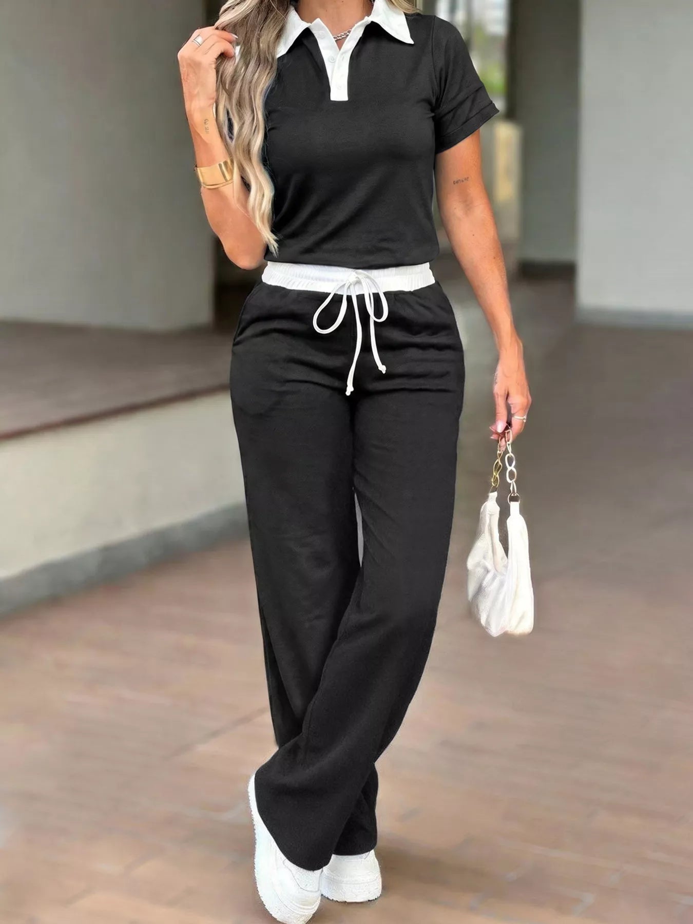 Contrast polo collar top and matching pants set by Plush Fashion Hub, stylish casual outfit for women.