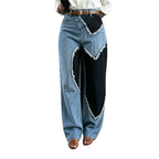 Unique Color Block Patchwork Heart Raw Hem Jeans
