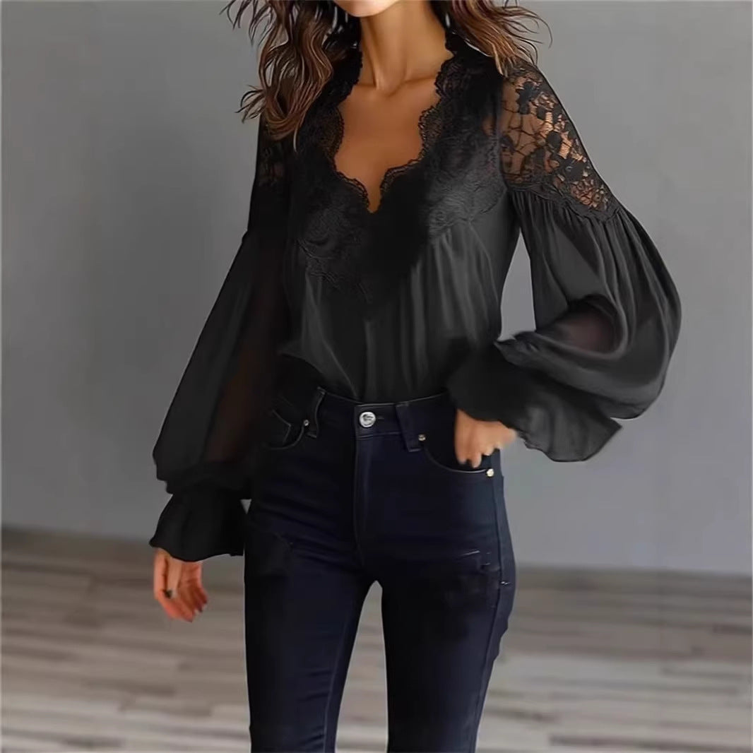 FitiqueFit lace-panel puff sleeve pleated ruffle ballet style shirt, showcasing intricate lace details and elegant puff sleeves.