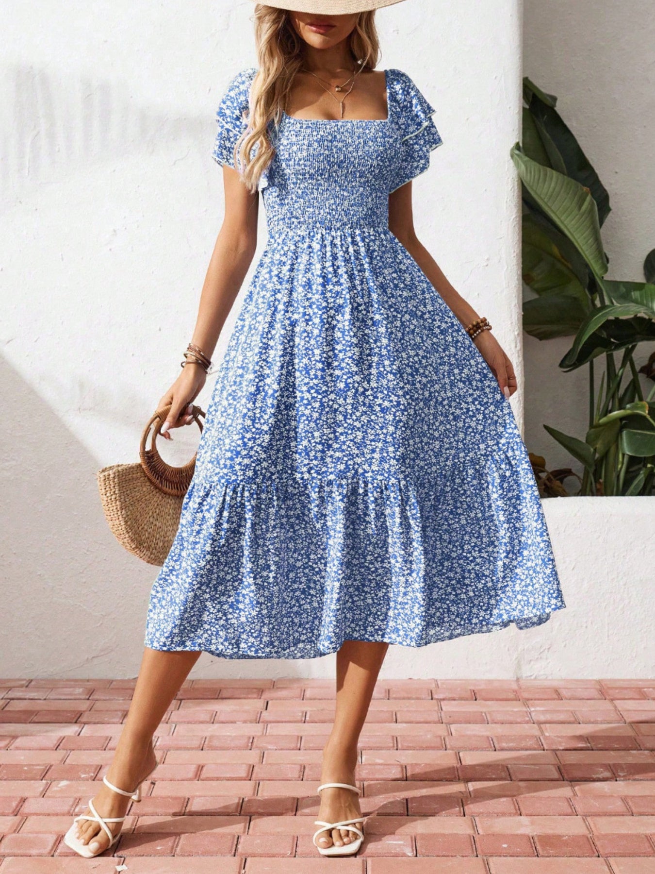 Floral print smocked ruffle sleeve midi dress by Trendsi, lightweight summer dress with a flowy silhouette and feminine details.