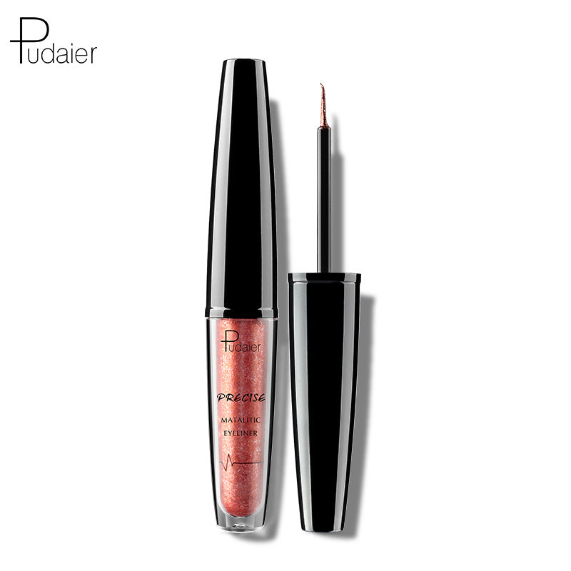 Glossy black and clear plastic Pudaier precise metallic pink glitter eyeliner with thin brush applicator.