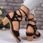 Women's chic lace-up block heel sandals with strappy design and mid-height heel, stylish footwear by Trendsi.