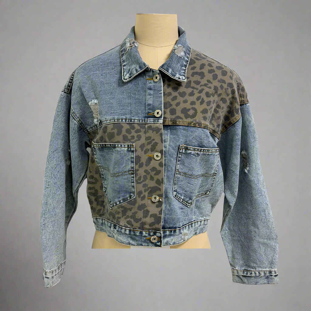Women's distressed cropped denim jacket by FitiqueFit, casualwear style with frayed edges and a trendy fit.