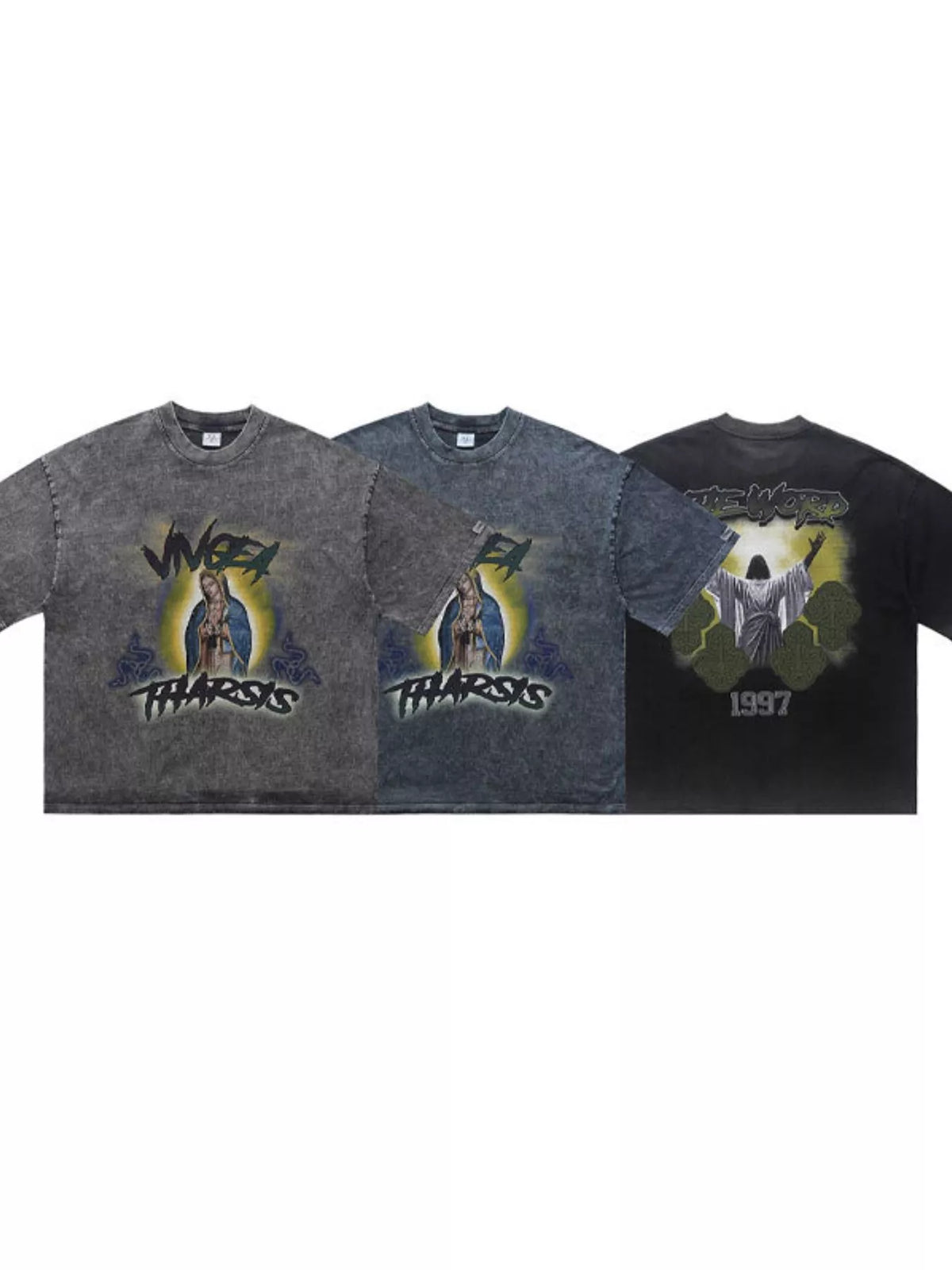 Men's graphic round neck short sleeve T-shirt from Trendsi, featuring a bold design on soft cotton fabric.