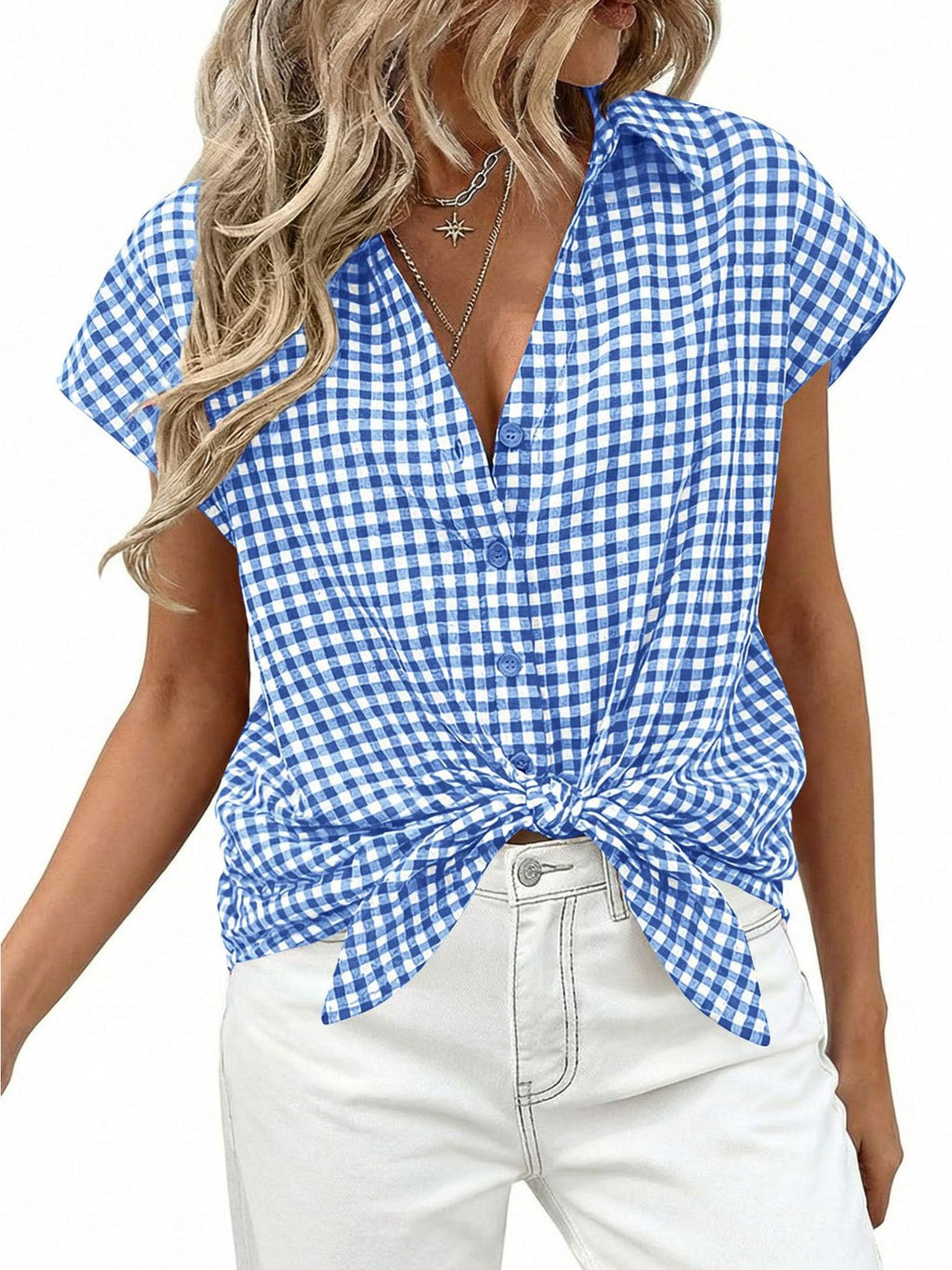 Women's gingham print button-down shirt with tie detail, stylish classic shirt by Trendsi, shown with collar and front buttons.