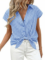 Women's gingham print button-down shirt with tie detail, stylish classic shirt by Trendsi, shown with collar and front buttons.