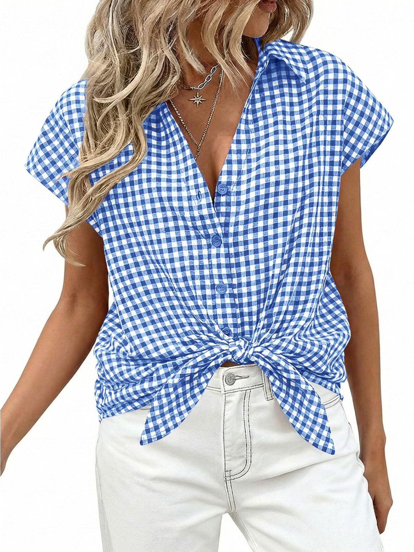 Women's gingham print button-down shirt with tie detail, stylish classic shirt by Trendsi, shown with collar and front buttons.