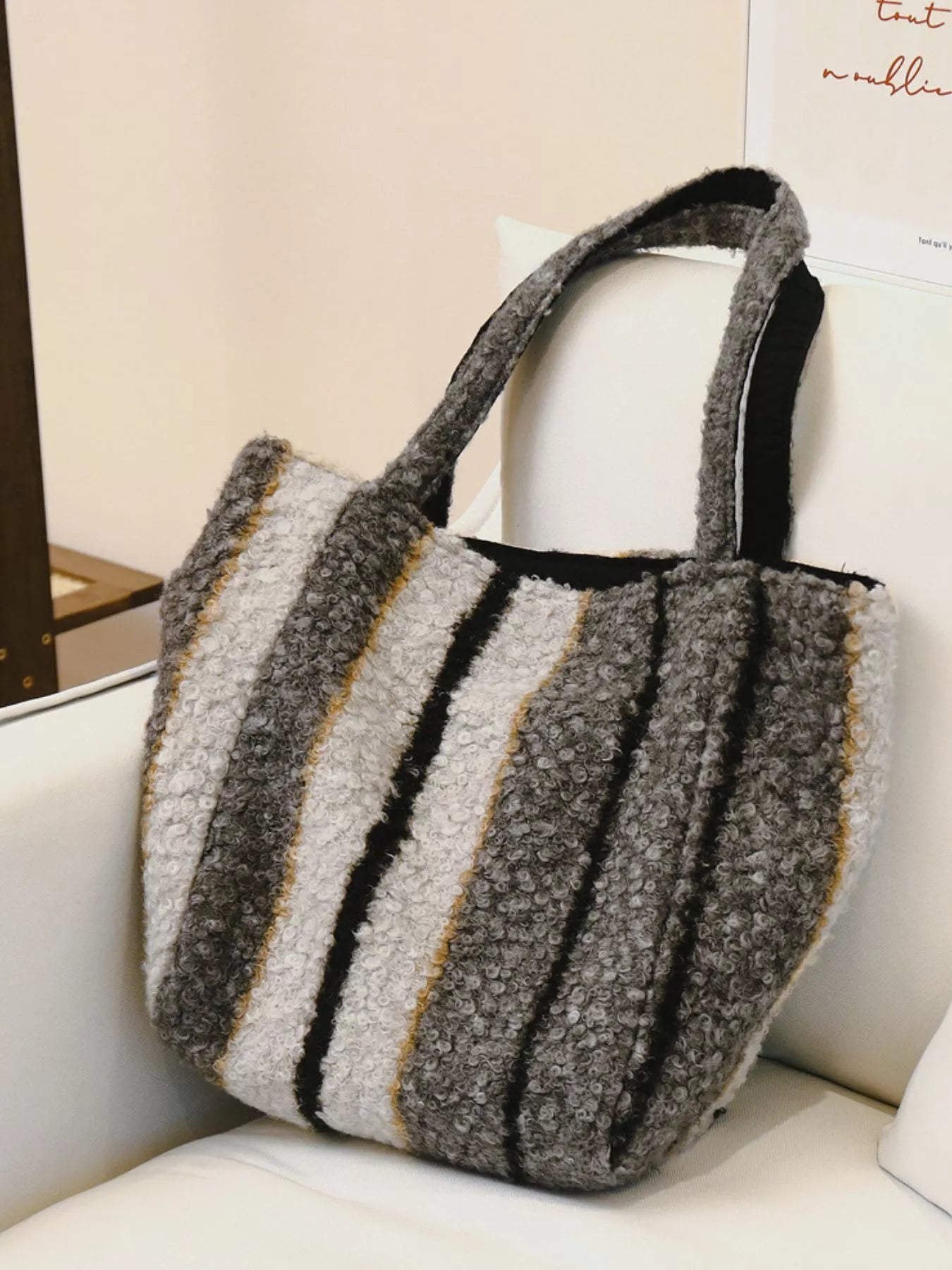 Reversible striped plush tote bag by Simply Love, featuring soft plush fabric and stylish striped pattern on both sides.