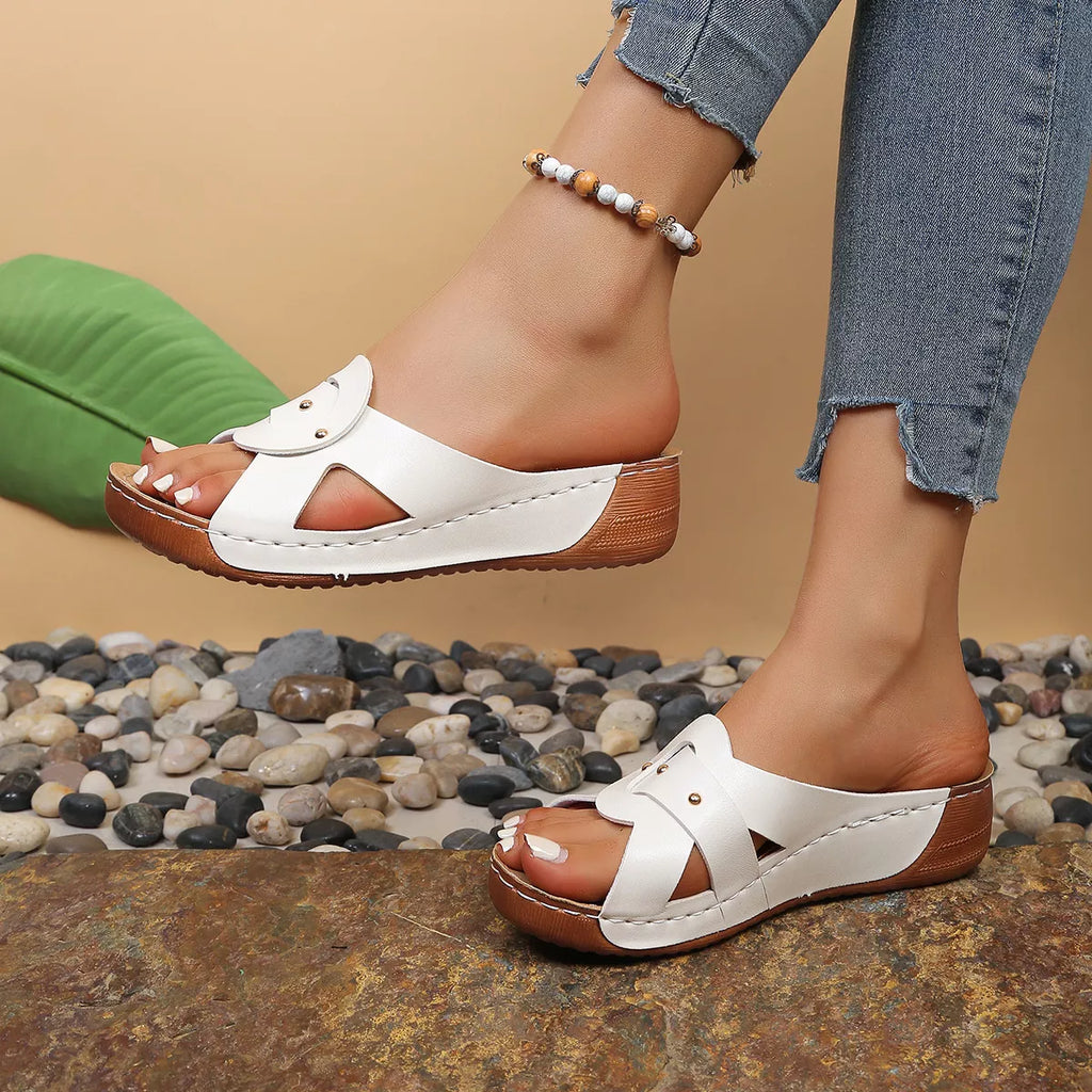 Shopimist open toe wedge sandals featuring a stylish design with a comfortable platform and high wedge heel.