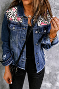 VYSN mixed print distressed denim jacket with button front, casual fashion clothing, showcasing a trendy, patchwork design.