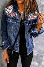 VYSN mixed print distressed denim jacket with button front, casual fashion clothing, showcasing a trendy, patchwork design.