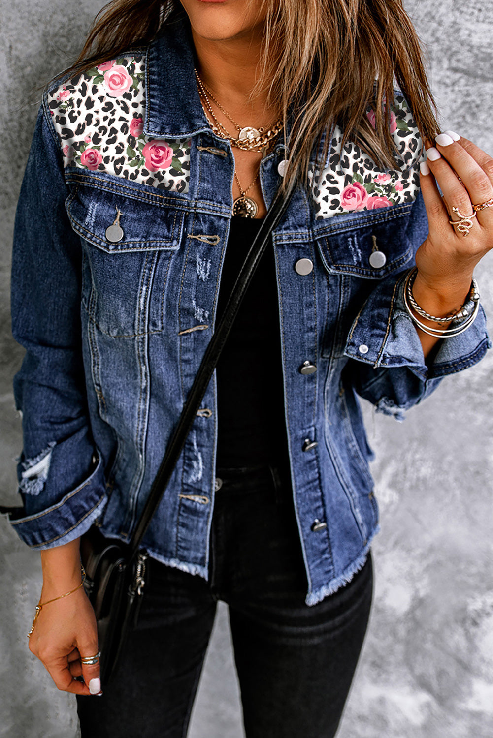 Mixed print distressed denim jacket with button front from Plush Fashion Hub, featuring a trendy, casual style and unique patchwork design.