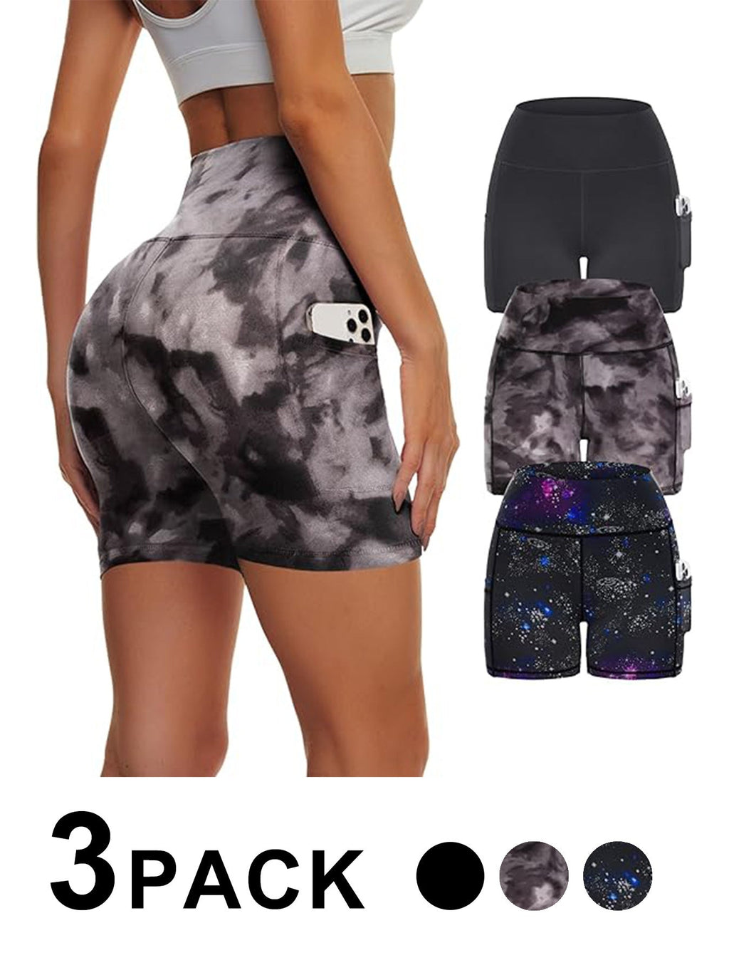 Set of three high waisted yoga leggings with tie-dye starry sky pattern, casualwear by FitiqueFit, shown laid flat.