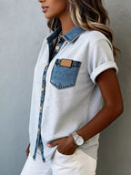 Blue denim trim short sleeve shirt from Plush Fashion Hub, casual tops with denim accents and classic fit.