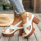 Open toe block heels sandals by Trendsi featuring stylish design and beige straps, perfect for summer or casual outings.