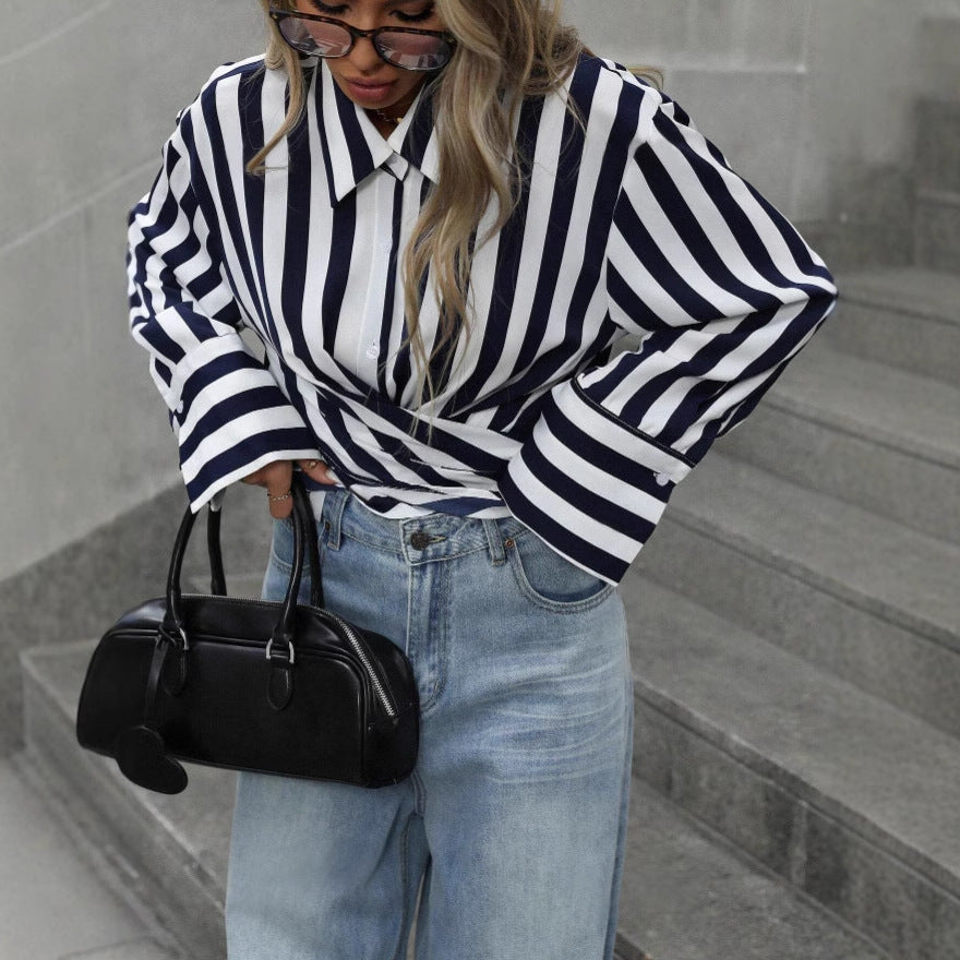 Women's striped long-sleeve loose shirt by FitiqueFit, featuring a relaxed fit and stylish horizontal stripe pattern.