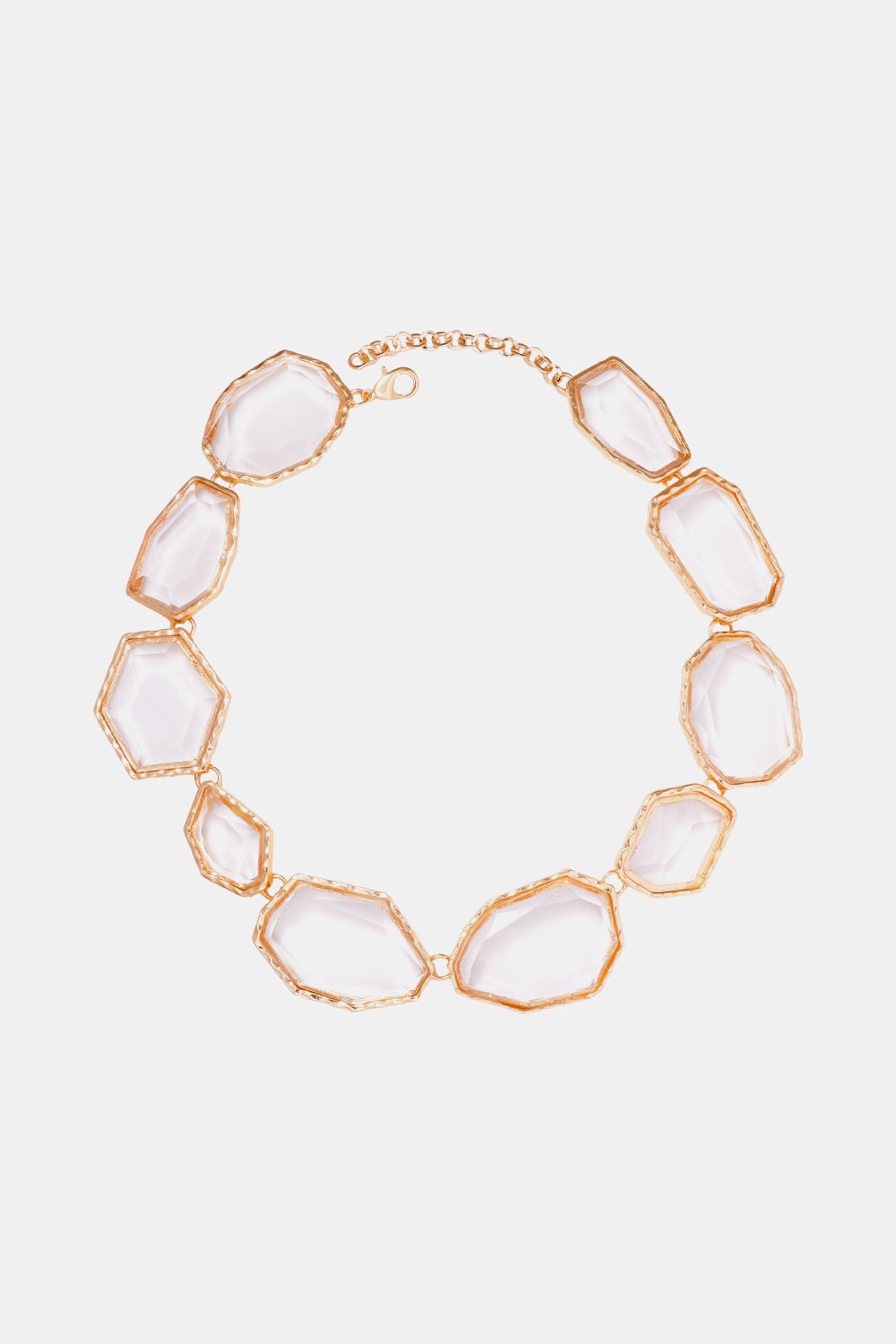 Geometrical shape zinc alloy frame resin necklace with modern design, featuring colorful resin pieces and sleek metal accents.