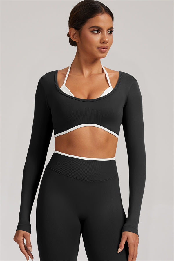 Fitglutes Activewear long sleeve crop top and matching leggings 2-piece set, stylish gym and workout clothes for women.
